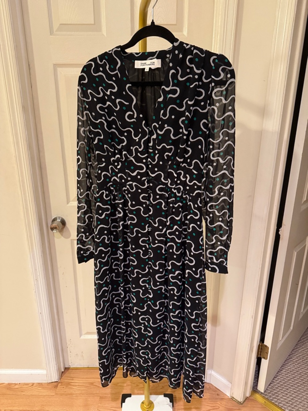 Diane Von Furstenberg Black Midi Dress with White & Teal Pattern sophisticated